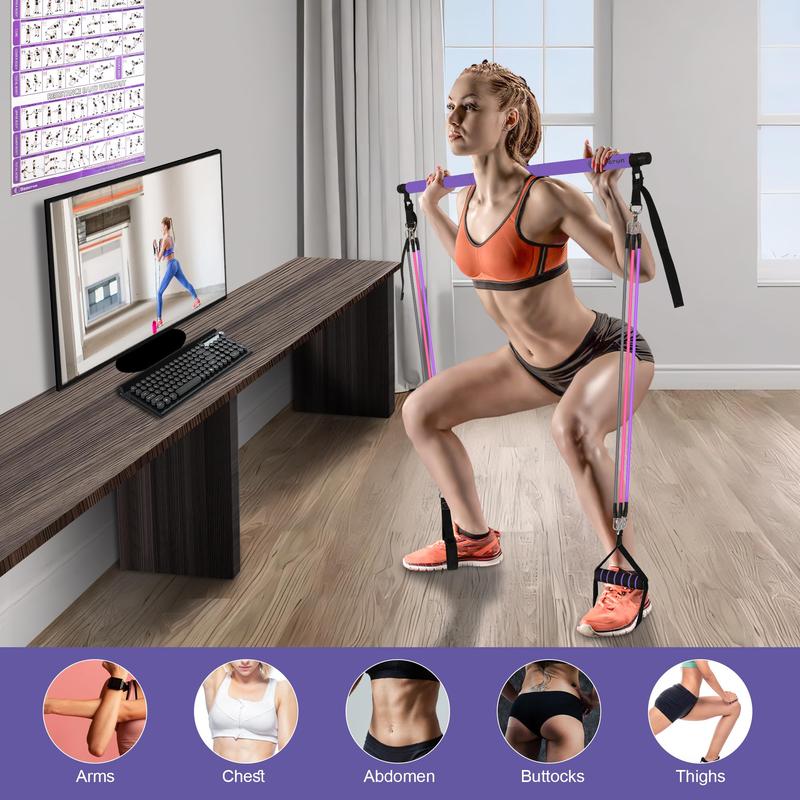 Portable Pilates Bar Kit with Resistance Bands for Men and Women - 3 Set Exercise Resistance Bands - Multifunctional Home Gym - Supports Full-Body Workouts – with Fitness Poster and Video