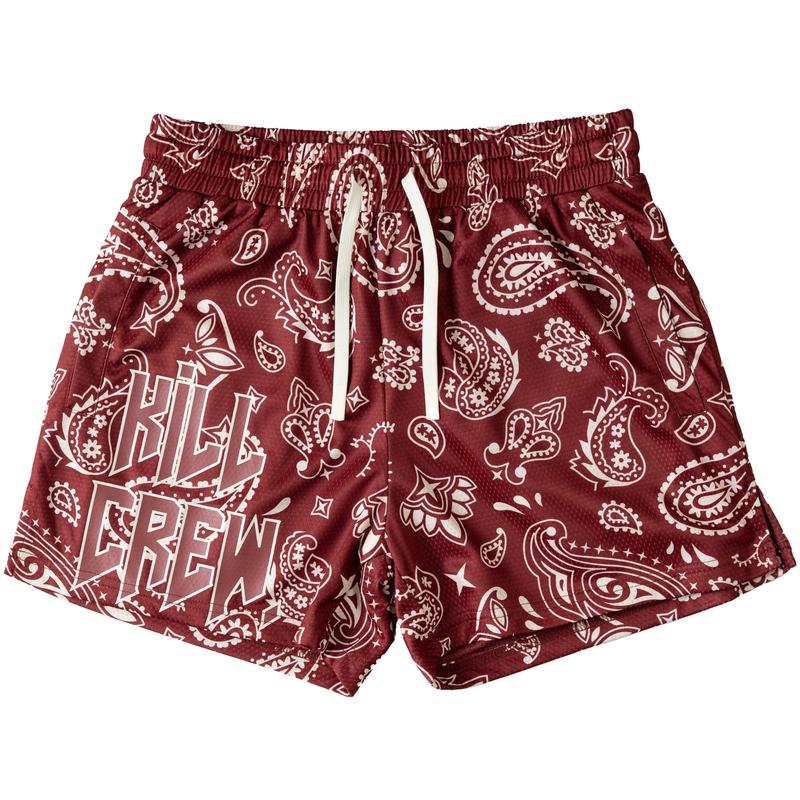 [Kill Crew] Muay Thai Shorts Bandana - Red   Cream, Unisex, Mid Thigh Cut, Pockets, Gym Shorts, Elastic Waistband, Long drawcord with wax tips