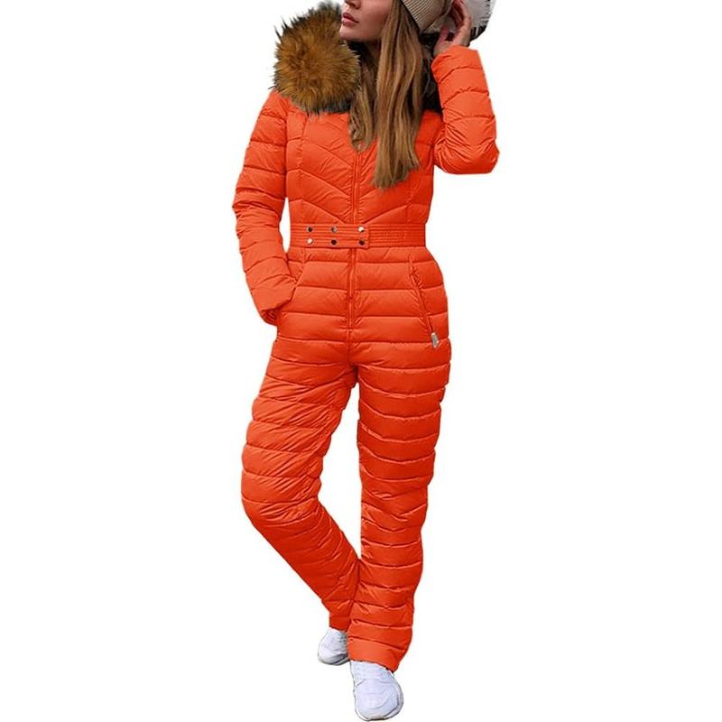 Tankaneo Womens One Piece Ski Suits Winter Outdoor Sports Jumpsuit Fur Collar Coat Windproof Waterproof Hooded Snowsuit