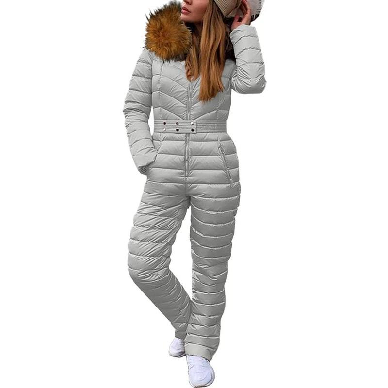 Tankaneo Womens One Piece Ski Suits Winter Outdoor Sports Jumpsuit Fur Collar Coat Windproof Waterproof Hooded Snowsuit