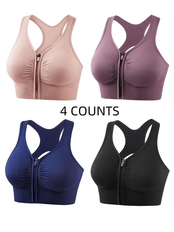  Solid Zipper Front Ruched Push Up Sports Bra, Breathable Comfortable High Stretch Sports Bra, Women's Sport & Outdoor Clothing for Indoor Outdoor Wear, Workout Sets Women