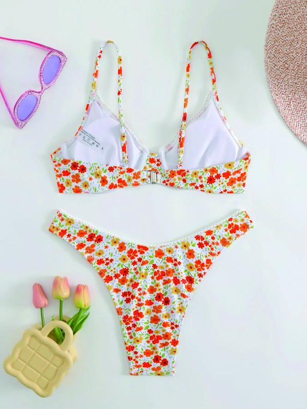 Women's Ditsy Floral Print Bikini Set, Fashion Push Up Bikini Top & High Cut Bikini Bottom, Ladies Back To School Summer Swimwear for Beach Holiday Vacation