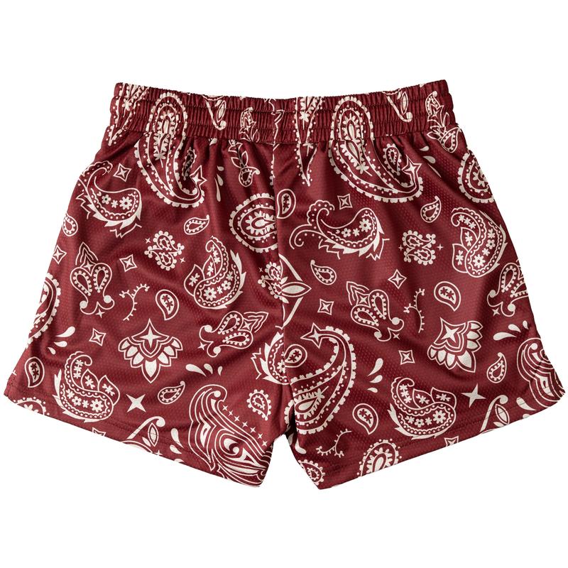 [Kill Crew] Muay Thai Shorts Bandana - Red   Cream, Unisex, Mid Thigh Cut, Pockets, Gym Shorts, Elastic Waistband, Long drawcord with wax tips