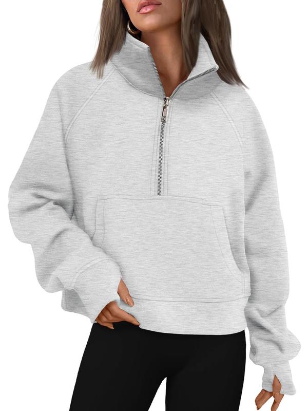 Women's Solid Zip Up Sports Sweatshirt, Sporty Long Sleeve Kangaroo Pocket Pullover for Fall, Women's Sportswear for Indoor Outdoor Wear, Fall Clothes