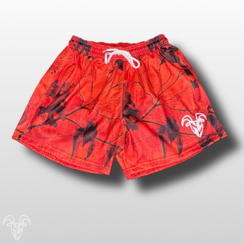 Goat Strength Unisex 5 inch inseam shorts - Orange Camo   Gym camouflage shorts - Zipper Pockets - Mesh