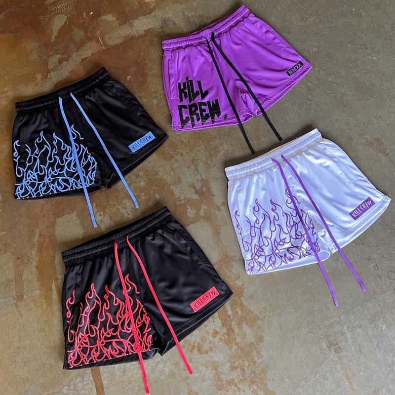 [Kill Crew] Muay Thai Shorts Logo - Purple, Unisex, Mid Thigh Cut, Pockets, Gym Shorts, Elastic Waistband, Long drawcord with wax tips