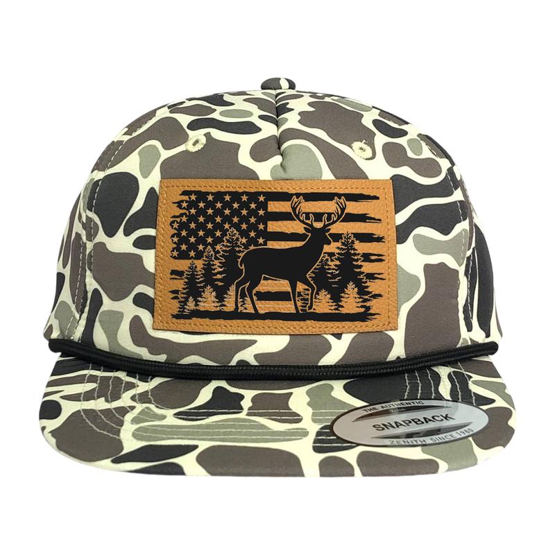 Deer Hunting Hat, Deer Hunter Snapback, Bow Hunting Hat, Leather Hat Patch, Hunting Hat, American Flag with Deer Hat Camouflage Snapback