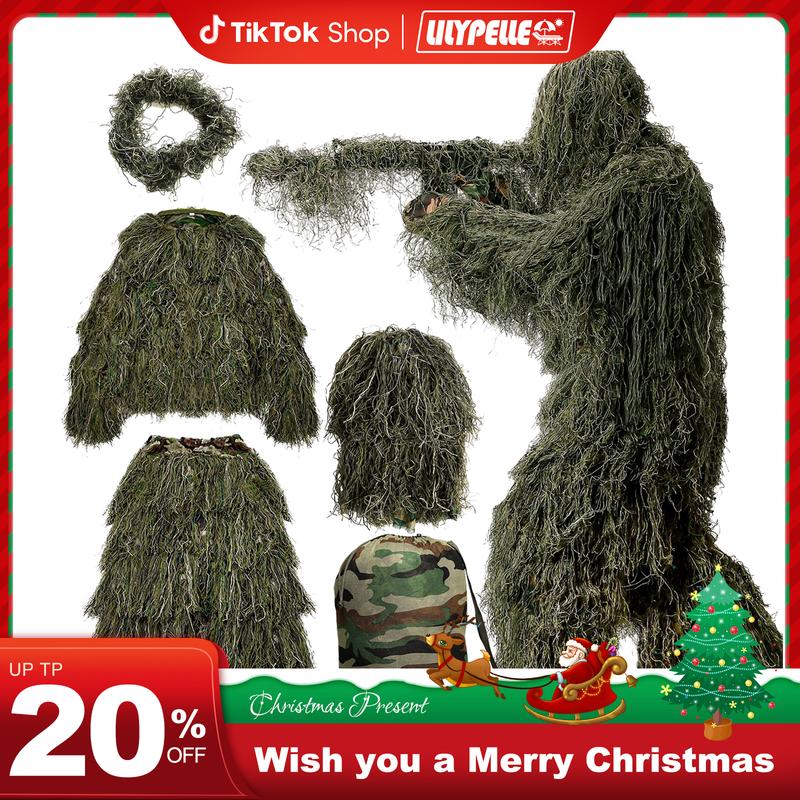 Lilypelle 5 in 1 Ghillie Suit, 3D Camouflage Hunting Apparel Including Jacket, Pants, Hood, Carry Bag, Ghillie Suit for Men Adult Youth