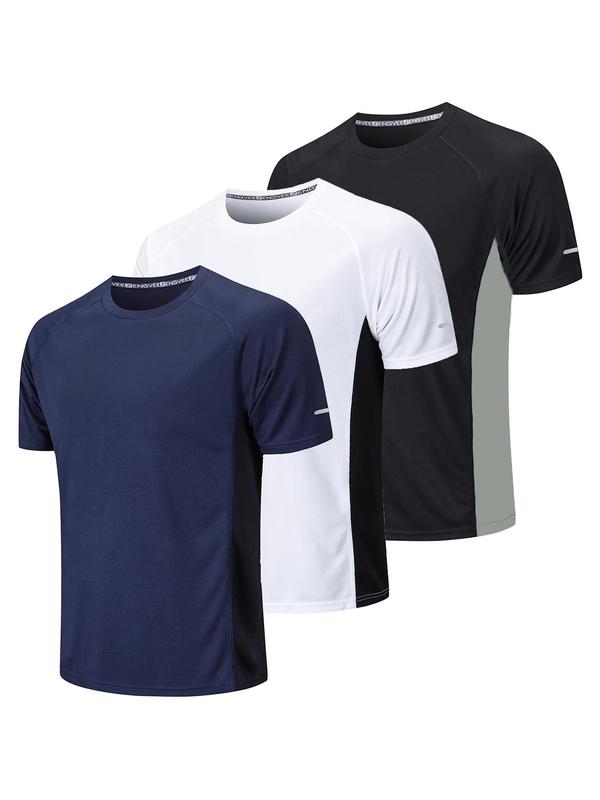 Men's Patchwork Round Neck Sports Tee, Gym Tops, Loose Breathable Quick Drying Short Sleeve T-shirt, Men's Summer Top for Exercise Workout Running, Fall Outfits, Fallfreshness