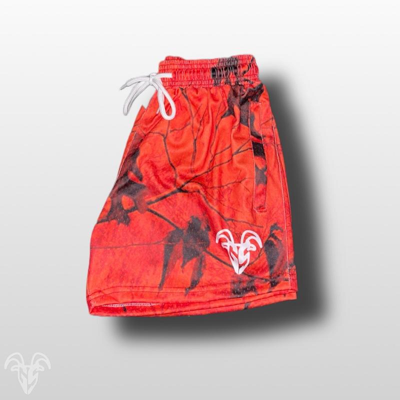 Goat Strength Unisex 5 inch inseam shorts - Orange Camo   Gym camouflage shorts - Zipper Pockets - Mesh