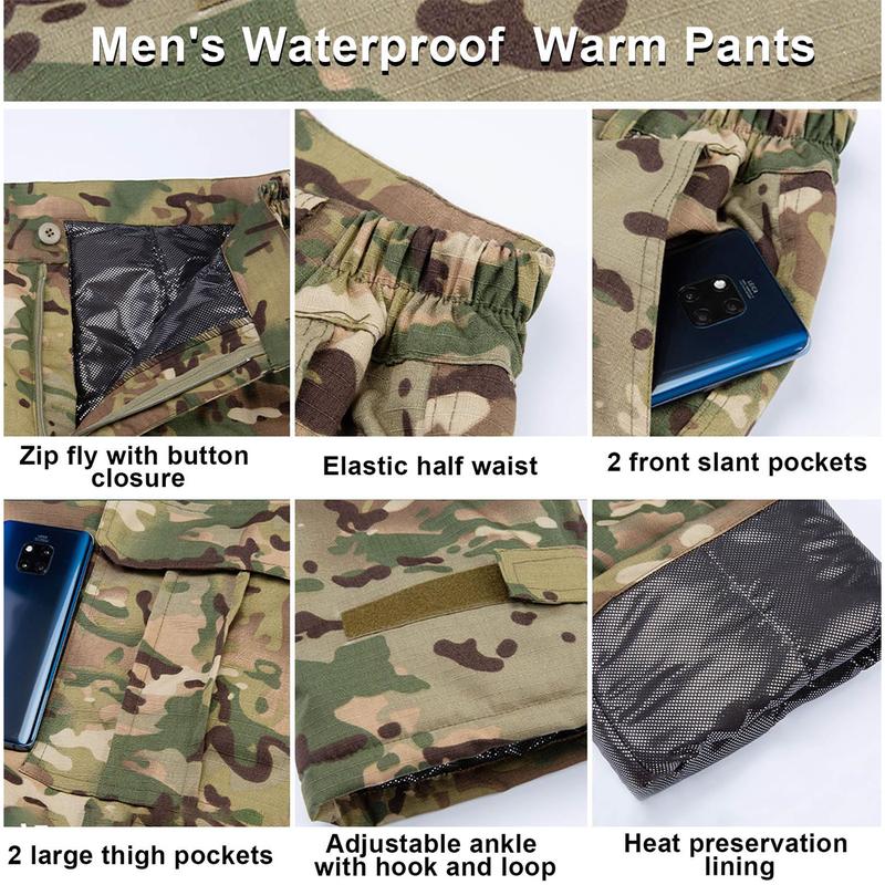 Men's Camo Waterproof Pants Warm Thermal Windproof Hiking Pants Outdoor Winter Snow Cargo Pants 4 Pockets