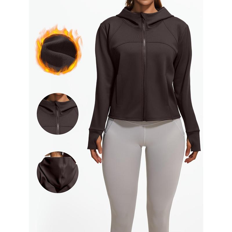 Women's Fleece-lined Hooded Jacket-Comfortable Thick Polyester Fiber with Stylish Pockets Suitable for Yoga and Sports