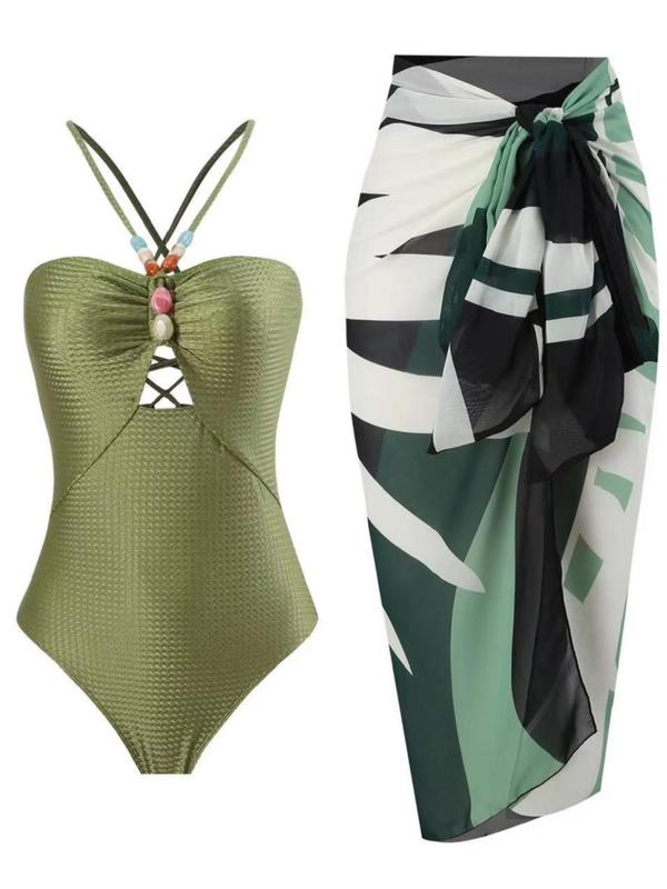 Two-Piece Set Women's Beaded Decor Swimsuits Set, Casual Lace Up One-piece Swimsuit & All Over Print Beach Skirt Set, Summer Swimsuit Sets, Bathing Suits 2024 for Women, Swimsuit for Women Back To School, Minimalistic Outfit