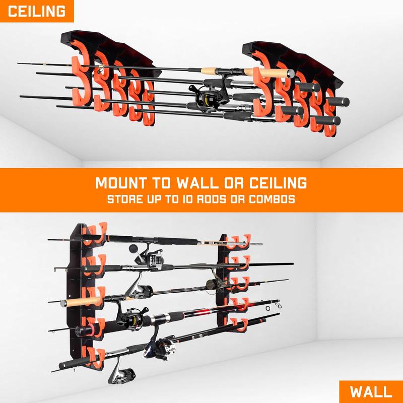 Hikeen Fishing Rod Holders, Fishing Pole Holders for Garage, Wall or Ceiling Mounted Fishing Rod Rack Holds 10 Rods