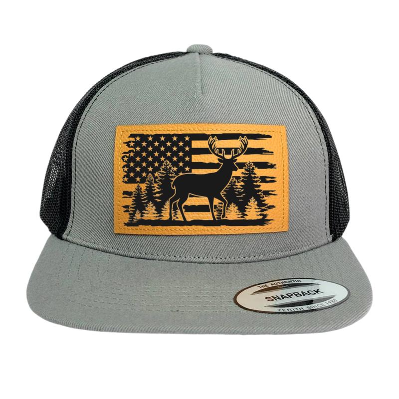 Deer Hunting Hat, Deer Hunter Snapback, Bow Hunting Hat, Leather Hat Patch, Hunting Hat, American Flag with Deer Hat Camouflage Snapback