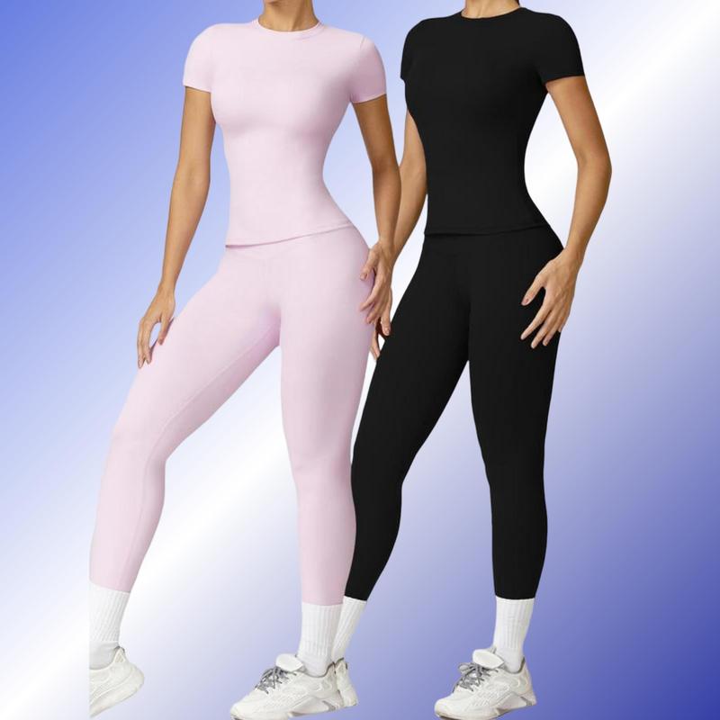 2 Counts Women's Plain Round Neck Crop Tee & High Waist Leggings Tracksuit Set, Sport Breathable Quick Drying Short Sleeve T-Shirt & Skinny Pants Set for Yoga Gym Workout Running, Ladies Sportswear, Fall Clothes, Minimalistic Outfit, Fall Outfits 03