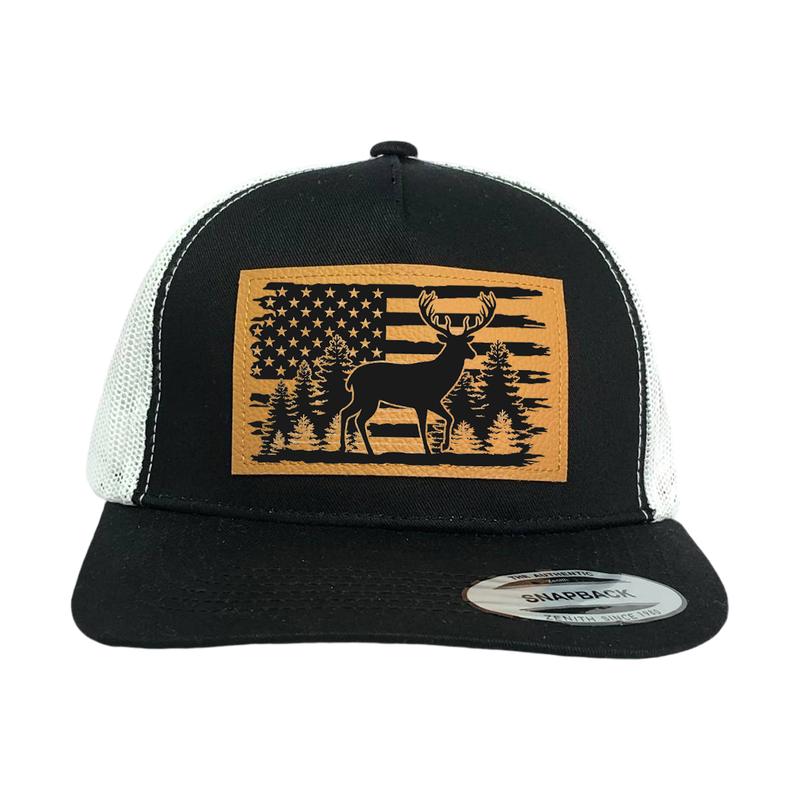 Deer Hunting Hat, Deer Hunter Snapback, Bow Hunting Hat, Leather Hat Patch, Hunting Hat, American Flag with Deer Hat Camouflage Snapback