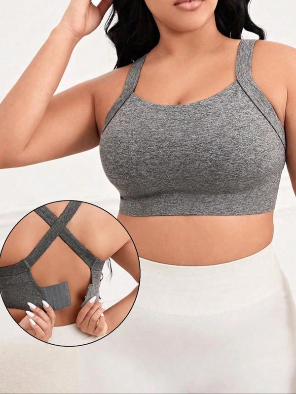 [Plus Size] Solid Criss Cross Sports Bra, Breathable Hook and Eye High Stretch Sports Bra for Yoga Gym Workout, Sports Bra for Women, Pickleball & Tennis Clothes gym workout plus size gym workout plus size gym workout plus size gym workout plus size