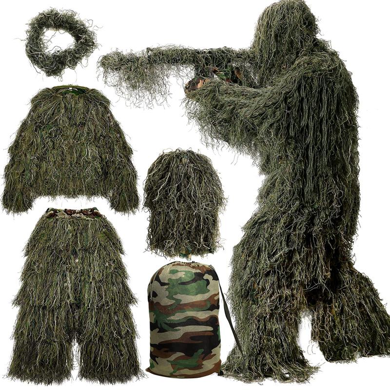 Lilypelle 5 in 1 Ghillie Suit, 3D Camouflage Hunting Apparel Including Jacket, Pants, Hood, Carry Bag, Ghillie Suit for Men Adult Youth