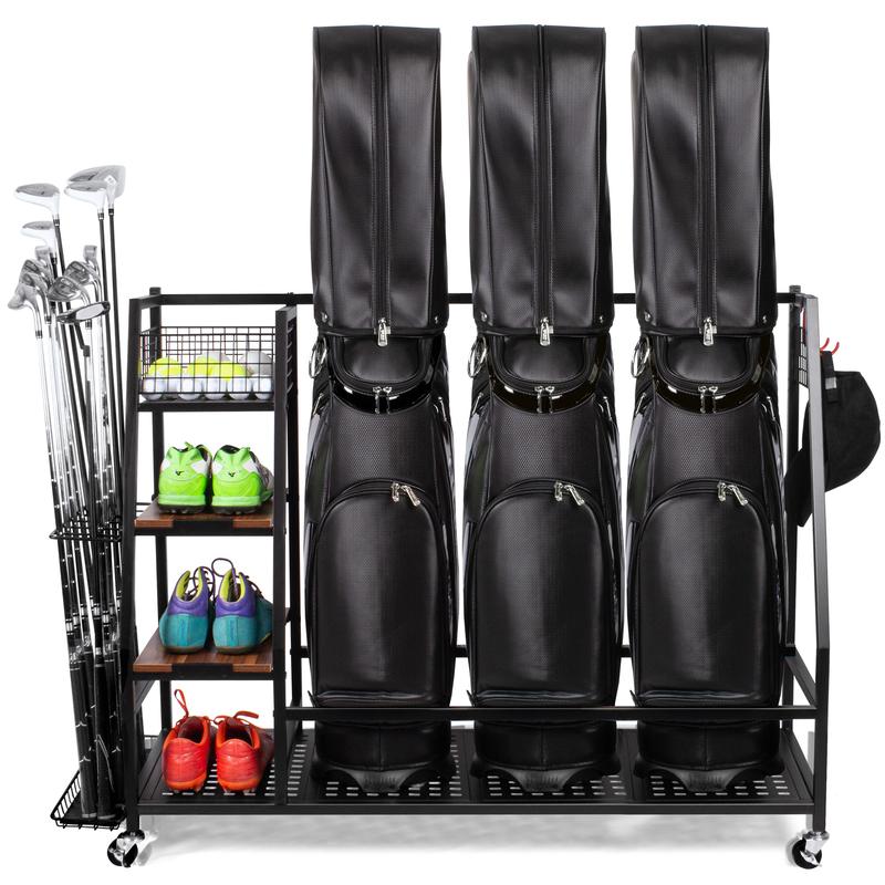 Sttoraboks Golf Bags Storage Garage Organizer, Golf Bag Rack Fits 3 Golf Bags and Golf Equipment Accessories, Golf Club Storage Stand with Wooden Shelf and Lockable Wheels for Garage Indoor Basement