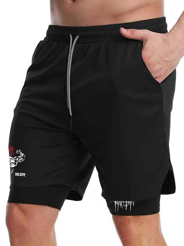 Men's 2 in 1 Drawstring Waist Pocket Design Sports Shorts, Gym Shorts, Quick Dry Breathable Elastic Waist Shorts, Gym Shorts, Summer Sports Shorts for Men, Fall Clothes 2024