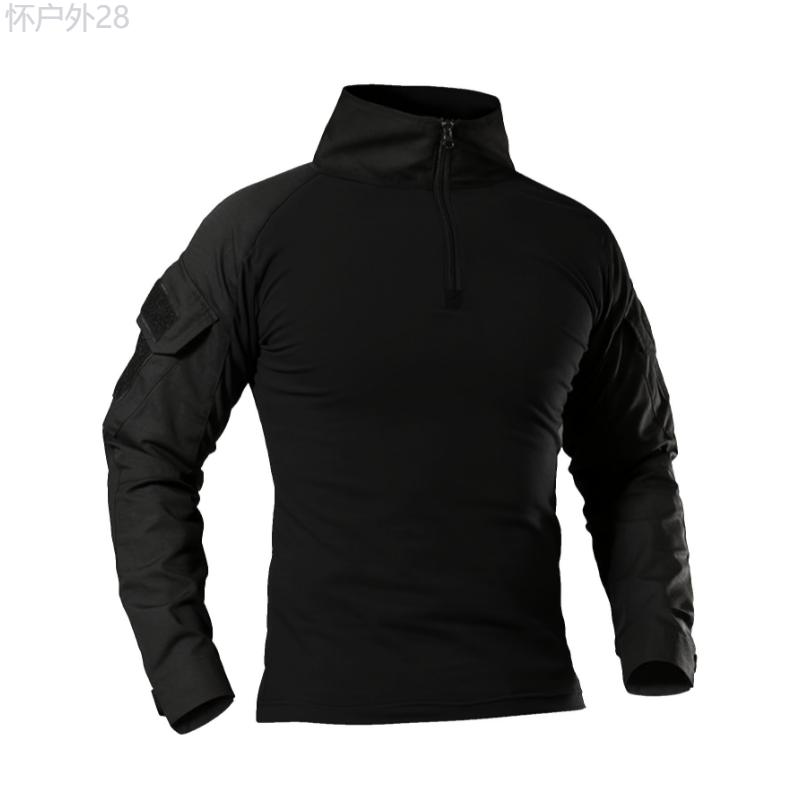 Men's Tactical Training Top - Long Sleeve Cotton Stretch Shirt with Half Zipper, Side Pockets, and Stand Collar for Outdoor Sports and Fitness - Breathable, Moisture-Wicking, and Quick-Drying