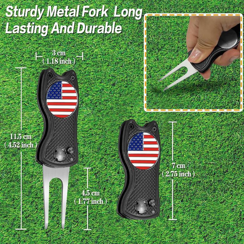 Divot Repair Tool with American Flag Ball Marker - Compact, Foldable Design for Easy Greens Maintenance and Proud Play 4-in-1 golf gift golf accessory