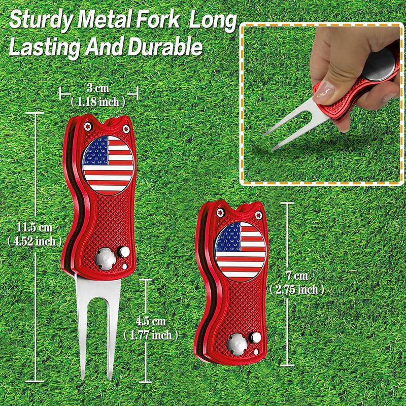 Divot Repair Tool with American Flag Ball Marker - Compact, Foldable Design for Easy Greens Maintenance and Proud Play 4-in-1 golf gift golf accessory