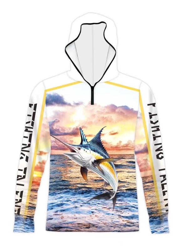 Men's All Over Print Zip Up Hooded Rashguard, Regular Fit Casual Sporty Breathable Long Sleeve Hooded Top for Summer, Men's Sportswear for Outdoor Fishing