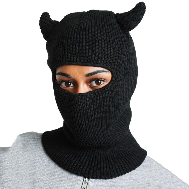 Men Women Ski Mask with Horn Knitted Balaclava for Halloween Full Face Cover Face Mask Winter Thermal Beanie Hat for Skiing Cycling