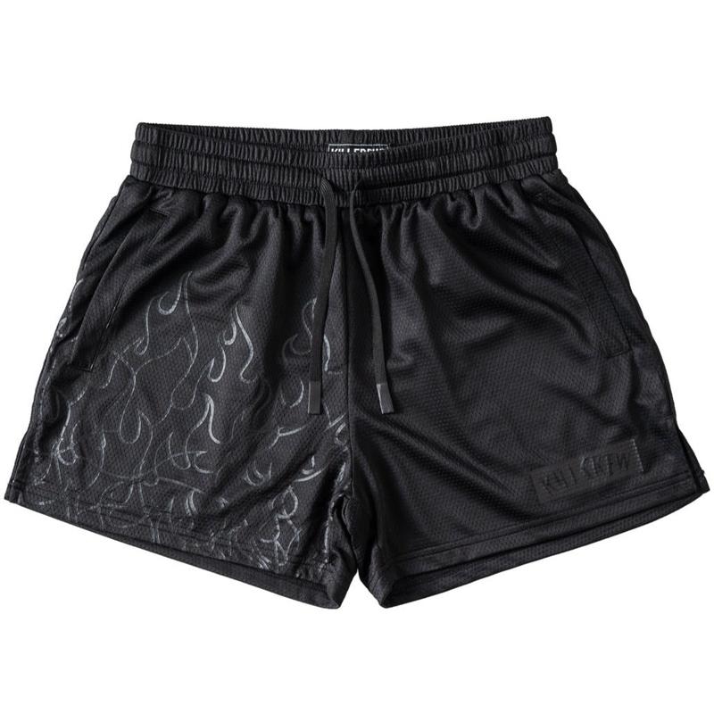 [Kill Crew] Muay Thai Shorts Flame - Blackout, Unisex, Mid Thigh Cut, Pockets, Gym Shorts, Elastic Waistband, Long drawcord with wax tips