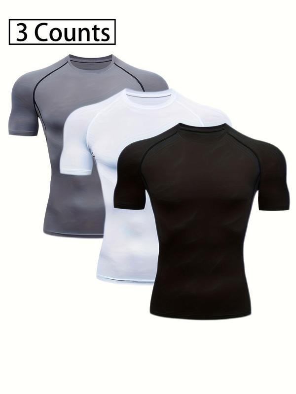 Men's Plain Contrast Binding Round Neck Sports Tee, Tight Sporty Quick Drying Breathable Short Sleeve Compression T-shirt for Gym Workout Running, Men's Sportswear for Summer