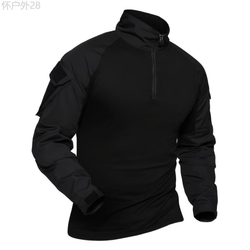 Men's Tactical Training Top - Long Sleeve Cotton Stretch Shirt with Half Zipper, Side Pockets, and Stand Collar for Outdoor Sports and Fitness - Breathable, Moisture-Wicking, and Quick-Drying