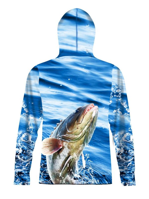 Men's All Over Print Zip Up Hooded Rashguard, Regular Fit Casual Sporty Breathable Long Sleeve Hooded Top for Summer, Men's Sportswear for Outdoor Fishing