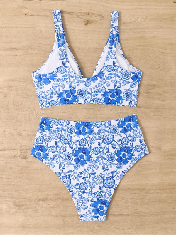 Women's All Over Print Bikini Set, Casual V Neck O-ring Padded Swim Bra & Wrap High Waist Swim Panty, Two-piece Swimsuit for Summer Beach Holiday