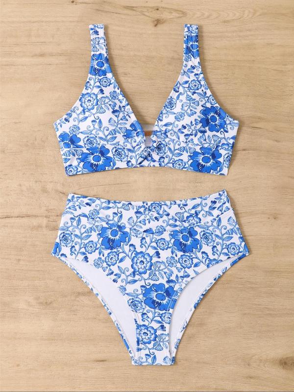 Women's All Over Print Bikini Set, Casual V Neck O-ring Padded Swim Bra & Wrap High Waist Swim Panty, Two-piece Swimsuit for Summer Beach Holiday