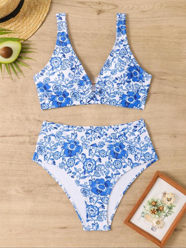 Women's All Over Print Bikini Set, Casual V Neck O-ring Padded Swim Bra & Wrap High Waist Swim Panty, Two-piece Swimsuit for Summer Beach Holiday