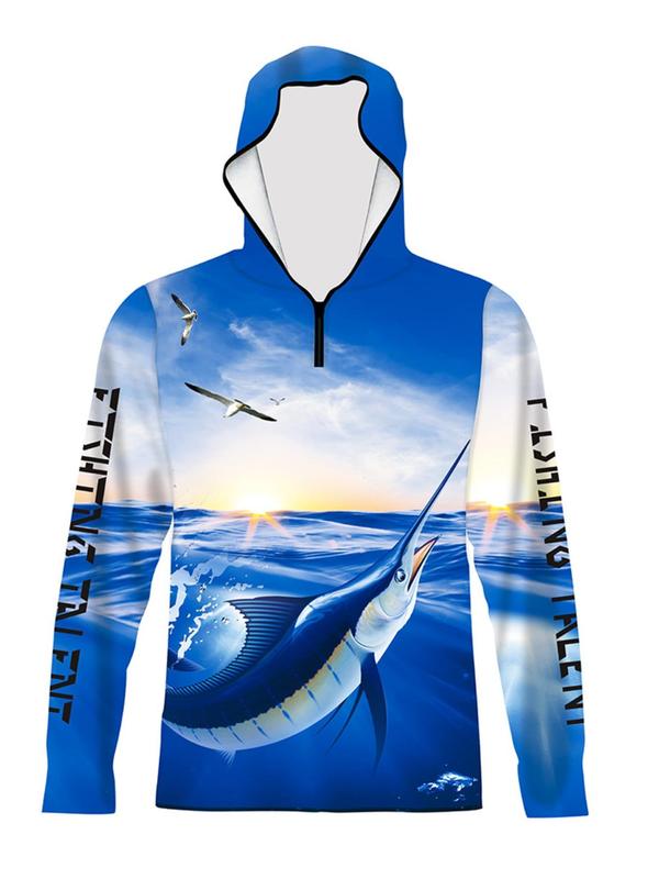 Men's All Over Print Zip Up Hooded Rashguard, Regular Fit Casual Sporty Breathable Long Sleeve Hooded Top for Summer, Men's Sportswear for Outdoor Fishing