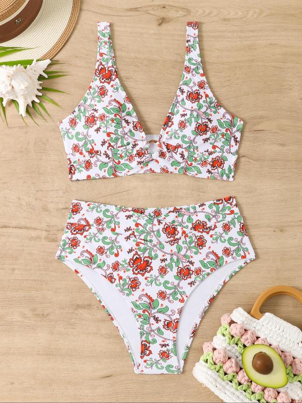 Women's All Over Print Bikini Set, Casual V Neck O-ring Padded Swim Bra & Wrap High Waist Swim Panty, Two-piece Swimsuit for Summer Beach Holiday