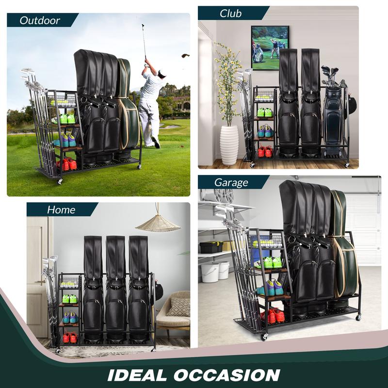 Sttoraboks Golf Bags Storage Garage Organizer, Golf Bag Rack Fits 3 Golf Bags and Golf Equipment Accessories, Golf Club Storage Stand with Wooden Shelf and Lockable Wheels for Garage Indoor Basement