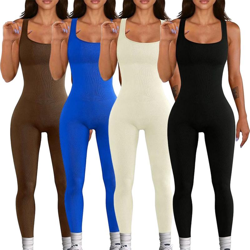 Women Workout Seamless Jumpsuit Yoga Ribbed Bodycon One Piece Square Neck Leggings Romper Jumpsuits