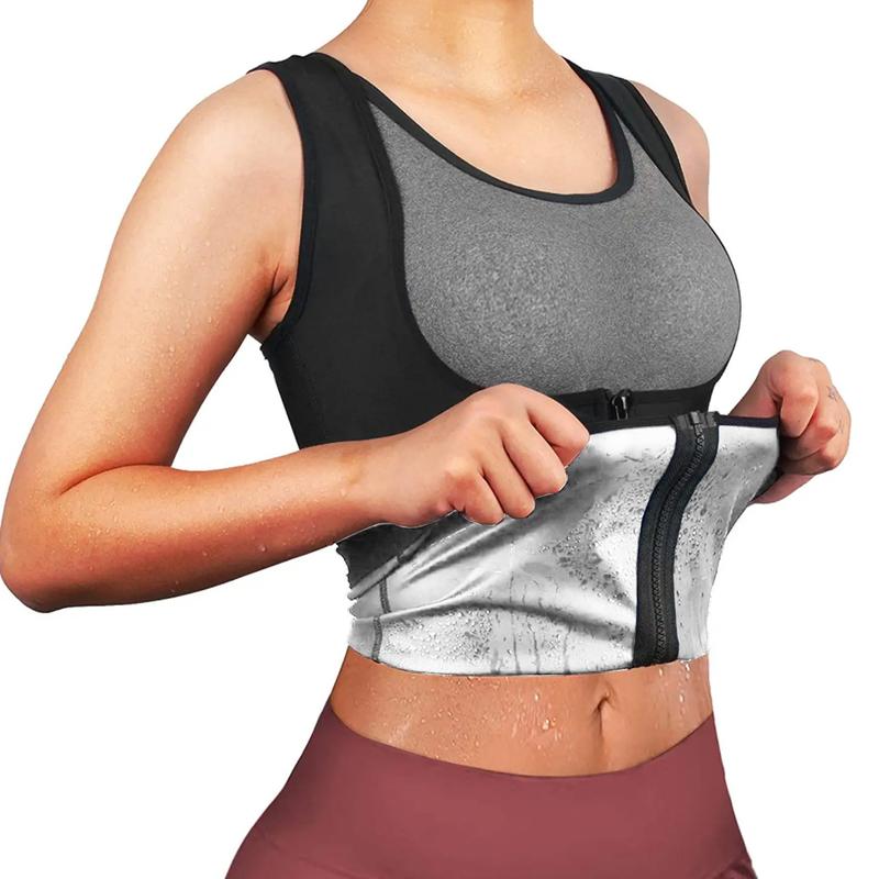 Silver Sauna Waist Trainer Vest Shapewear Sauna Suit for Women, Black Waist Heat Trapping Sweat Enhancing Workout Shirt