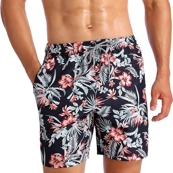 Mens Swimming Trunks Swim Shorts Black Flowers Summer Bathing Suit Swimwear Beach Wear with Pockets Digital Print Elastic Waist Casual Beach Shorts