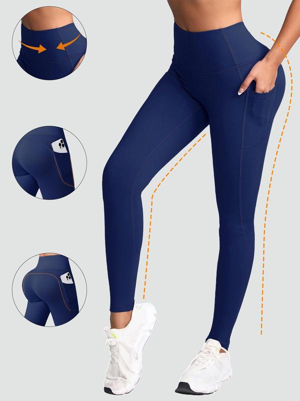 Women's Solid High Waist Pocket Sports Leggings, Sporty Comfy Breathable Skinny Pants for Yoga Gym Workout, Ladies Sportswear for All Seasons