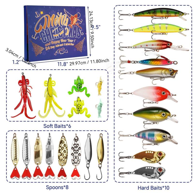 Fishing Themed Advent Calendar, 24pcs set Christmas Countdown Fishing Lures Tackle Set, Christmas Surprise Gift for Father Granpa Brother Boyfriend