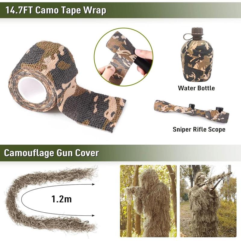 6 in 1 Ghillie Suit, 3D Camouflage  Apparel Including Jacket, Pants, Hood, Carry Bag and Camo Tapes