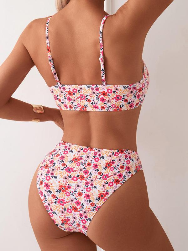 Women's Ditsy Floral Print Ruched Bikini Set, Adjustable Strap Swim Top & High Cut Swim Bottom, Ladies Summer Swimwear for Beach Holiday Vacation Back to School