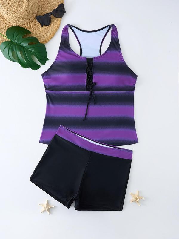 Plus Size Two-Piece Set Colorblock Lace Up Tie Front Tankini Set, Casual Sleeveless Top & Shorts Swimsuit Set For Summer, Women's Swimwear For Beach Holiday