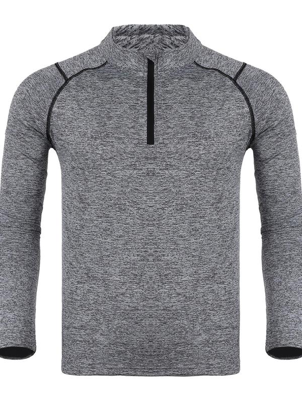 Men's Solid Zip Up Thermal Lined Sports Tee, Casual Long Sleeve Half Zip Pullover for Running Training, Men's Sportswear for All Seasons