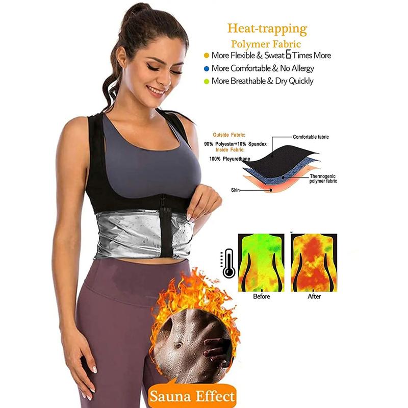 Silver Sauna Waist Trainer Vest Shapewear Sauna Suit for Women, Black Waist Heat Trapping Sweat Enhancing Workout Shirt